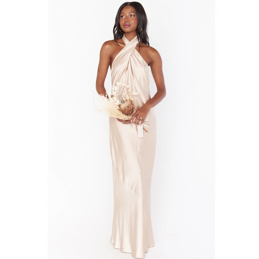 Show Me Your Mumu Jasmine Halter Maxi Dress Champagne Luxe Satin XS